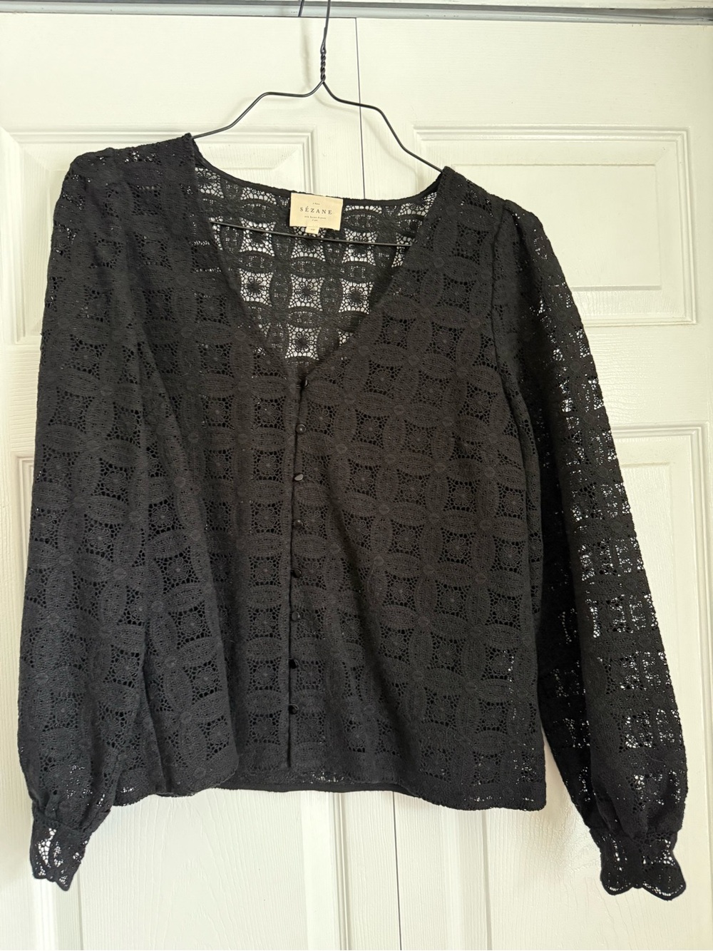 Black Crochet Button-Up Blouse